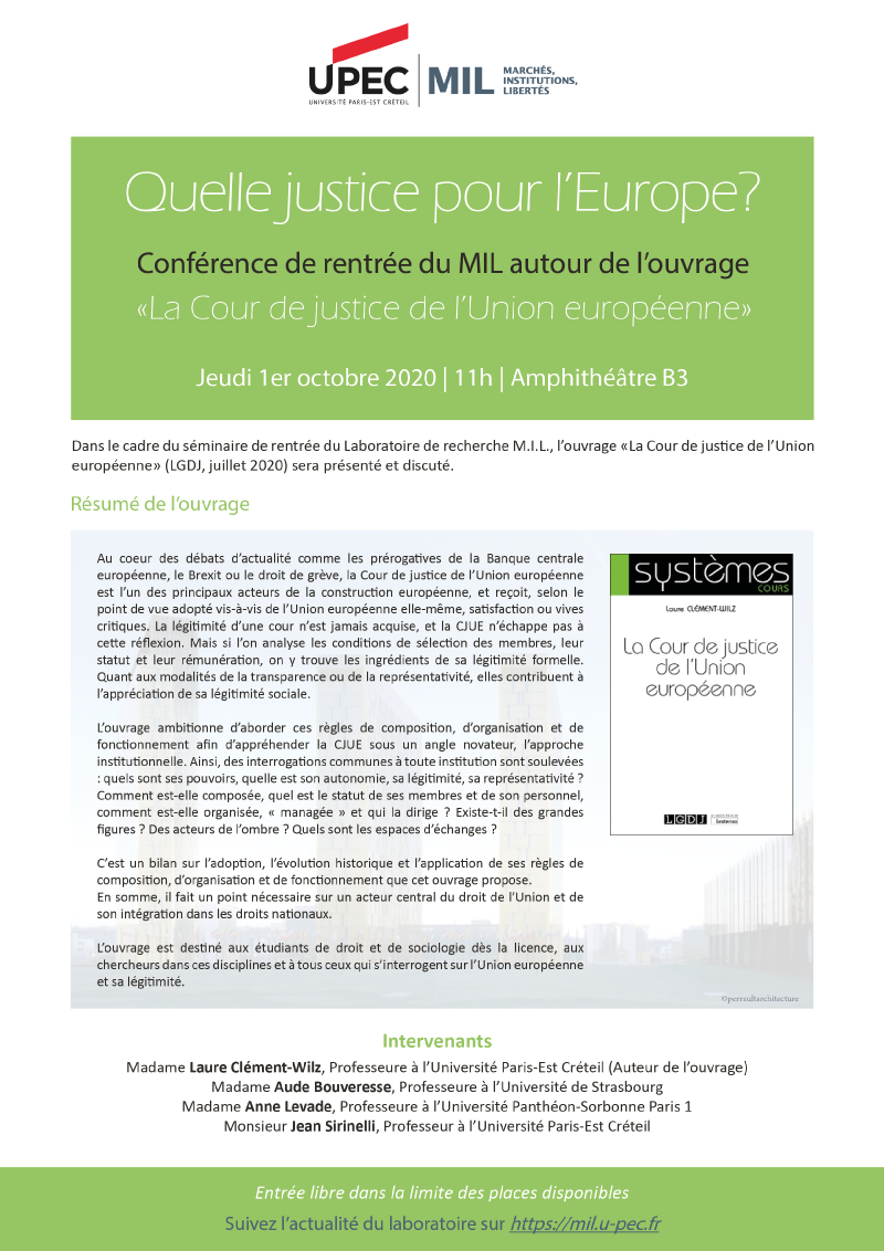 Affiche Présentation de l'ouvrage "La Cour de justice de l'Union Européenne" (Laure Clément-Wilz)